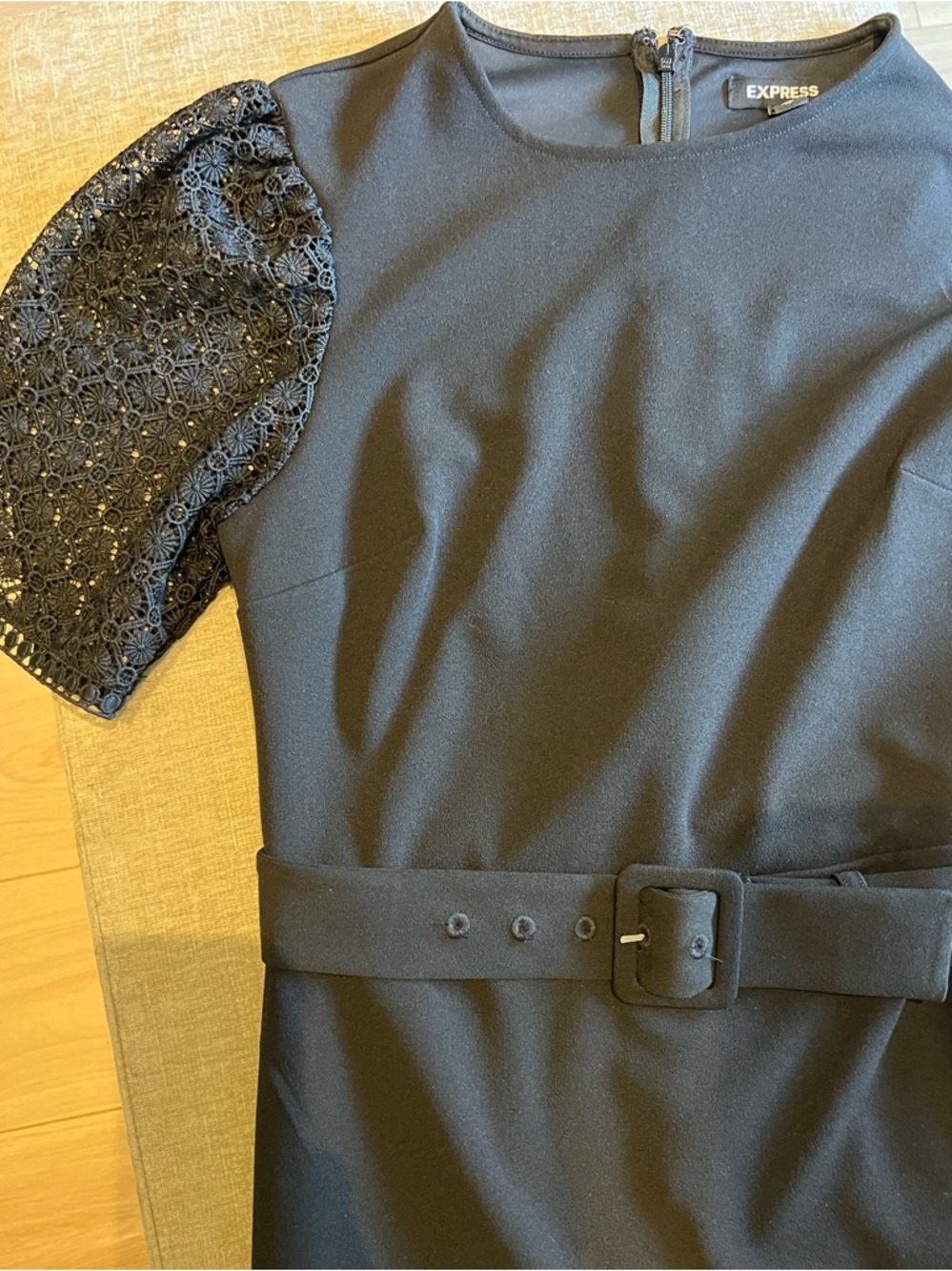 Express Black Lace-Sleeve Sheath Dress with lace embroidery sleeve detail + belt - Picture 3 of 7